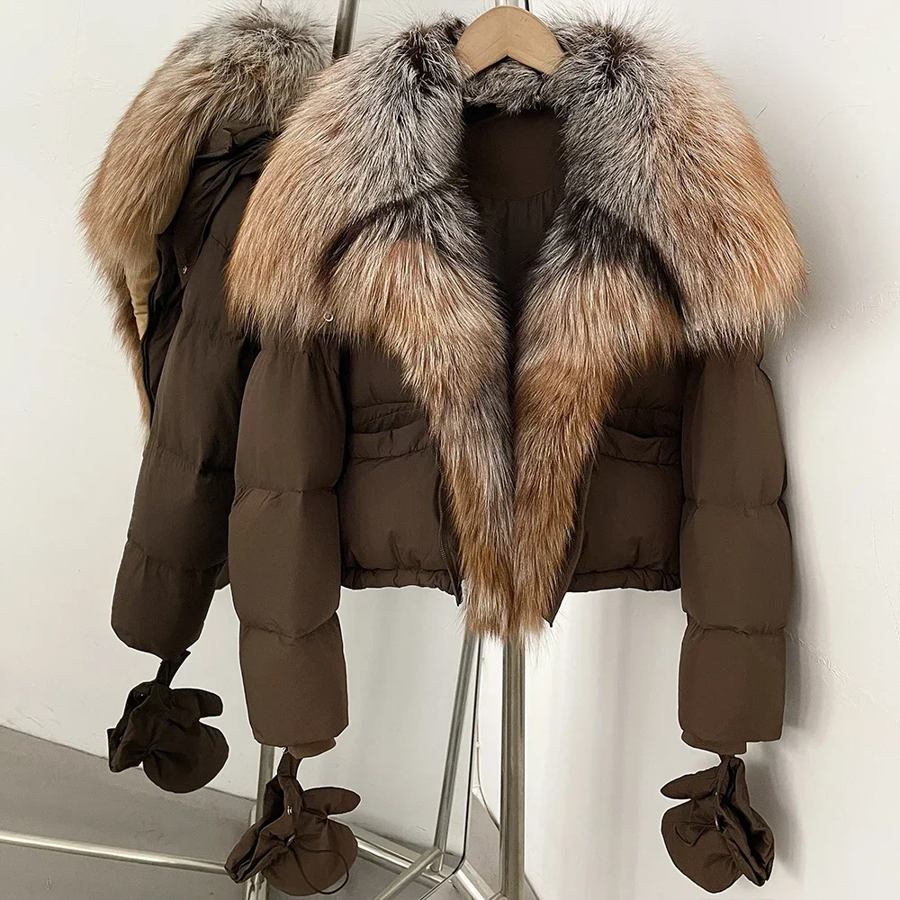 OFTBUY Damen-Daunenjacke mit Kapuze, kurze Oberbekleidung mit abnehmbaren Handschuhen, Reißverschluss, echtes Fell, Daunenjacke mit echtem Fuchsfell – Detail 24