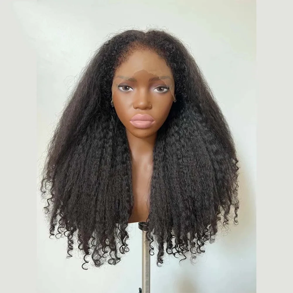 Yaki negro sin pegamento suave largo 26 pulgadas 180 densidad rizado recto pelucas delanteras de encaje para mujeres Babyhair prearrancado sintético diario