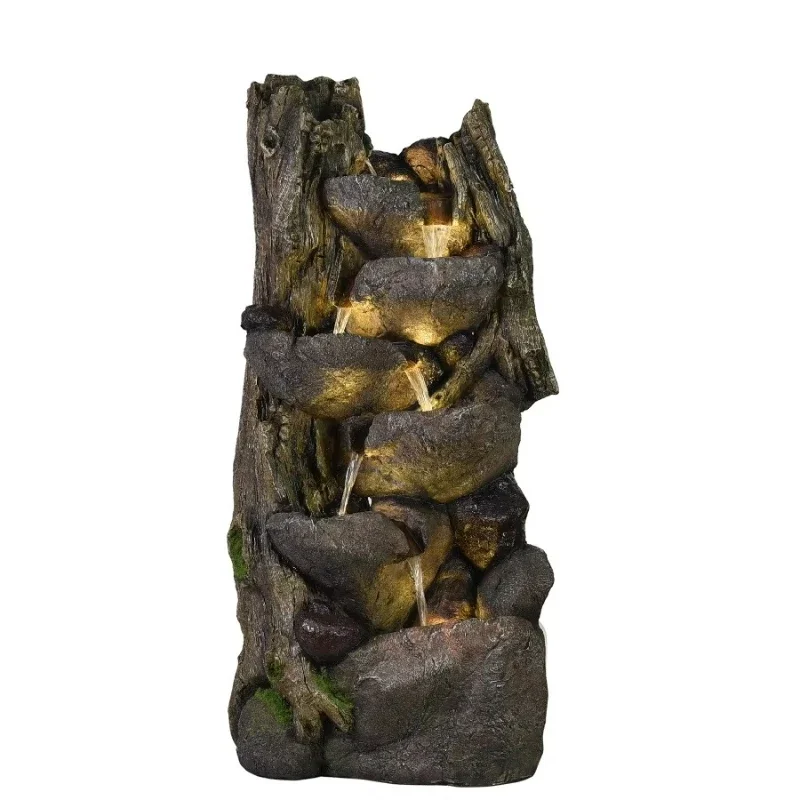 Large Stone Effect Outdoor Water Feature Fountain White Light Emitting Diode