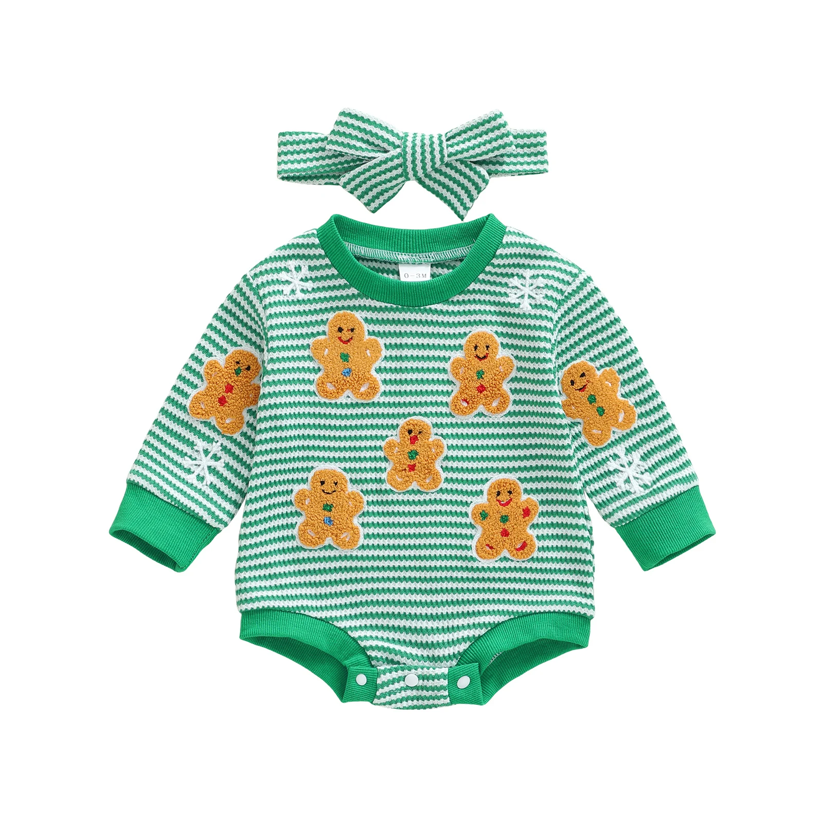 

Christmas Infant Girl Outfit Long Sleeve Crew Neck Stripe Print Gingerbread Man Embroidery Romper with Headband Set