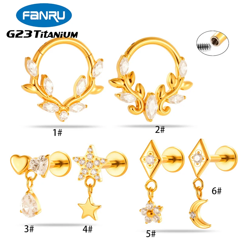 

1PC G23 Titanium Nose Rings Hinged Segment Septum Tragus Stud Cartilage Lip Ear Stud CZ Pendant Internal Thread Piercing Jewelry