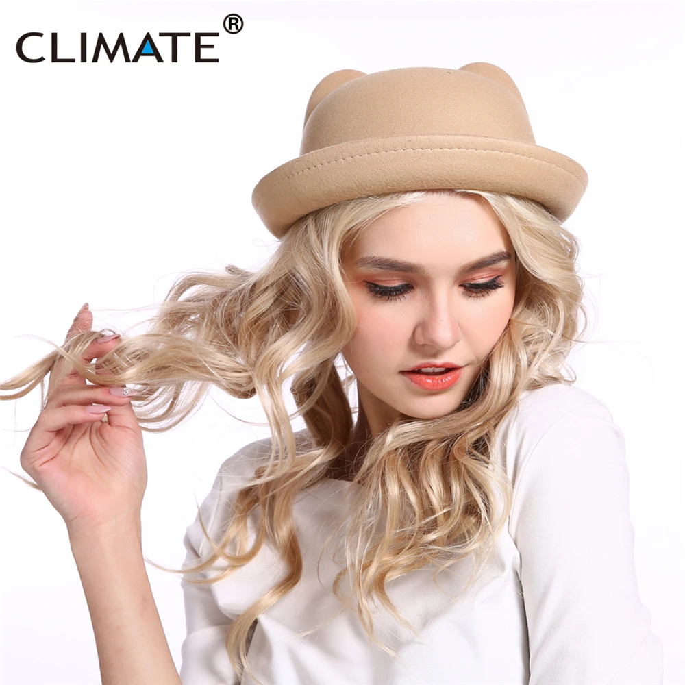 CLIMATE Women Cute Fedora Hat Hats for Woman Lovely Cat Ear Fedoras Fascinator Girls Cap Cute Fashion Polyester Woolen Cap Hat