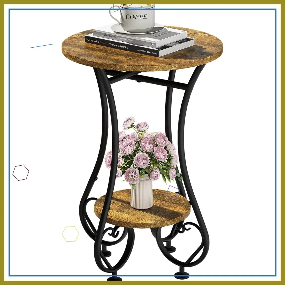 

Compact Round Side Table with Lower Shelf for Small Spaces, Metal Frame Nightstand for Living Room Bedroom