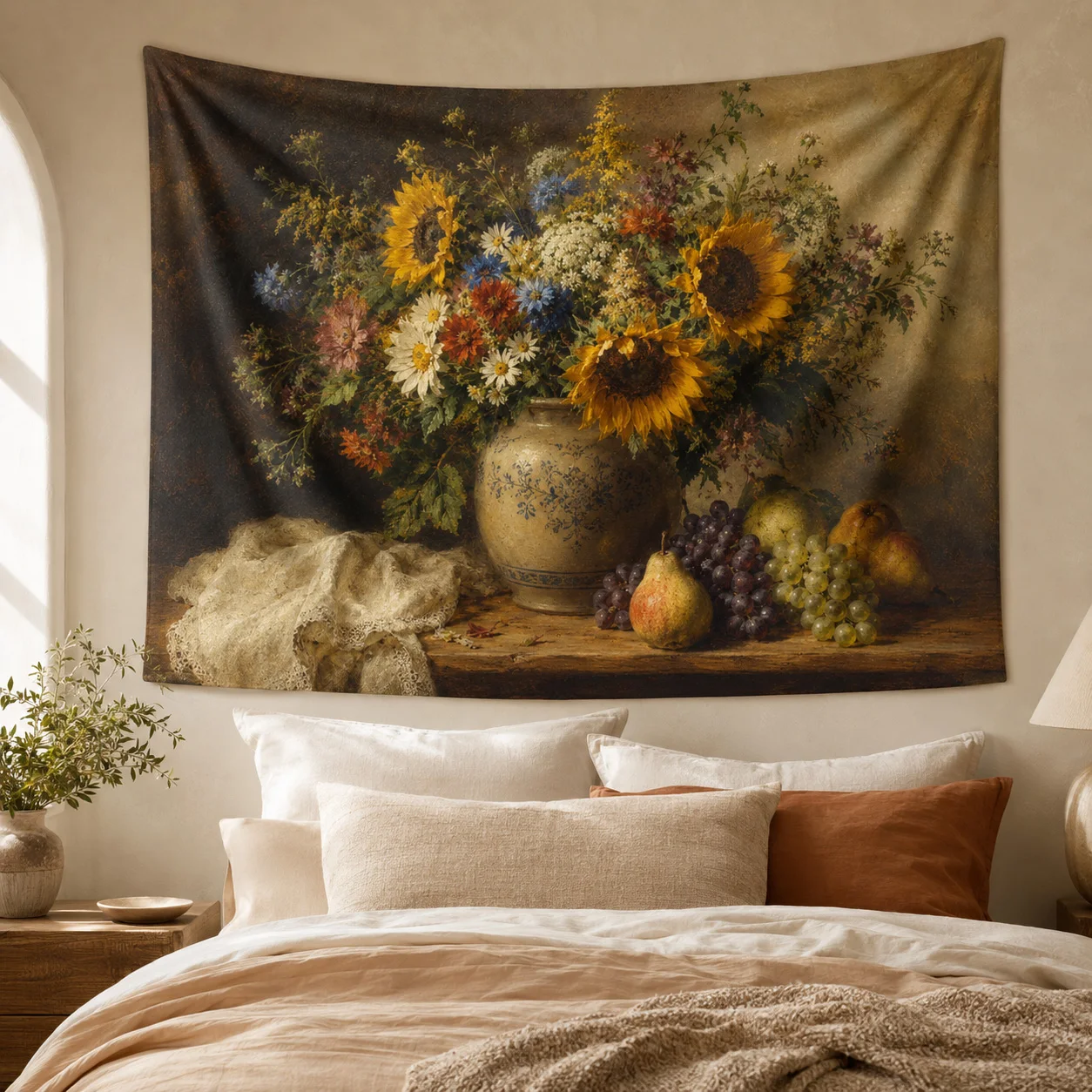Vintage Sunflower Floral Still Life Wall Tapestry Oil Painting Fruit Flower Wall Hanging for Bedroom Living Room Decor Gift