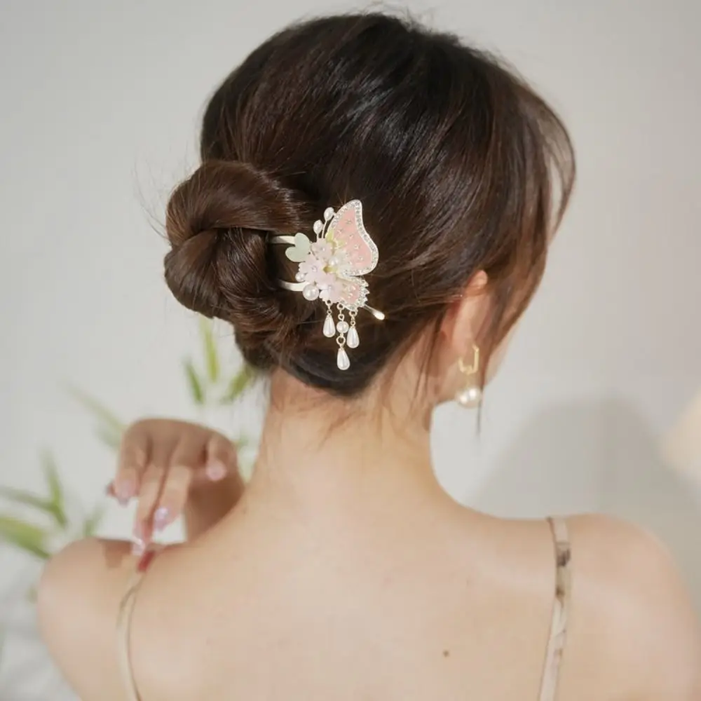 

Elegant Floral Flowers Hair Stick Butterfly Pearl U Shaped Hair Stick Metal Hairpin Hanfu Hair Stick Ladies
