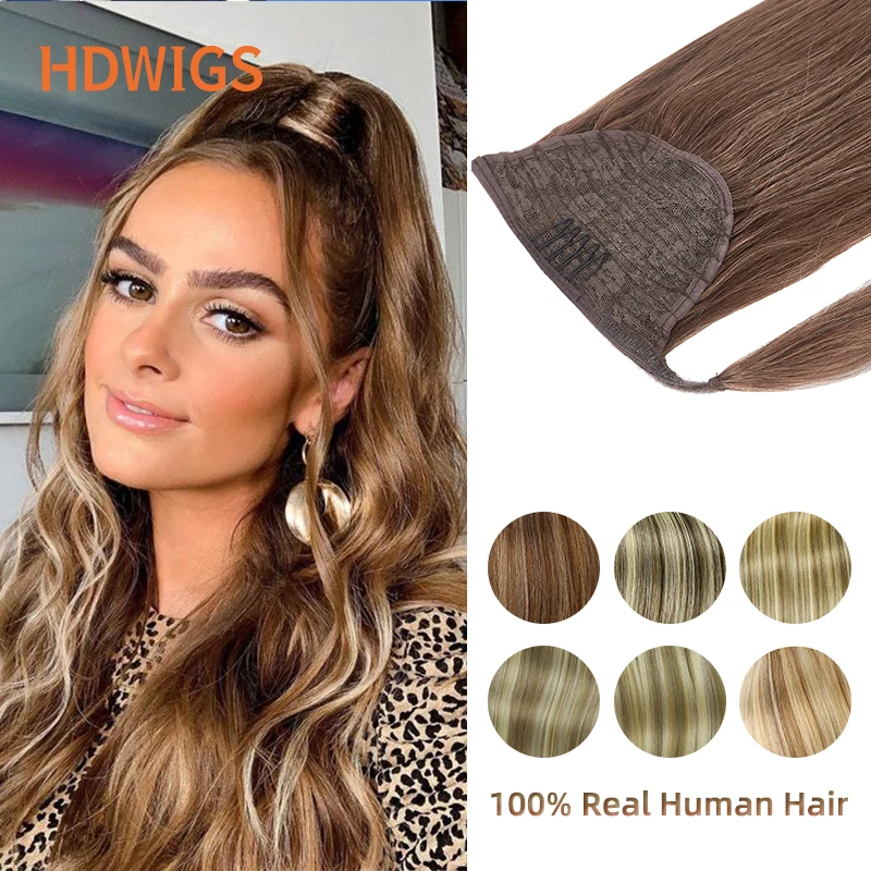 HDWIGS Ponytail Human Hair Straight Clips in Human Hair Extension 60g 80g 100g 120g Drawstring Pony Tail Human Hair Wrapped Tail