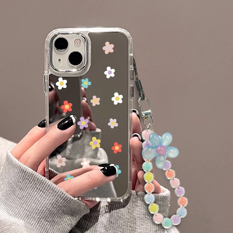 

Colorful Lanyard Beaded Bracelet Makeup Mirror Phone Cases For iPhone 16 Funda iPhone 14 15 11 13 12 Pro Max Soft TPU Back Cover