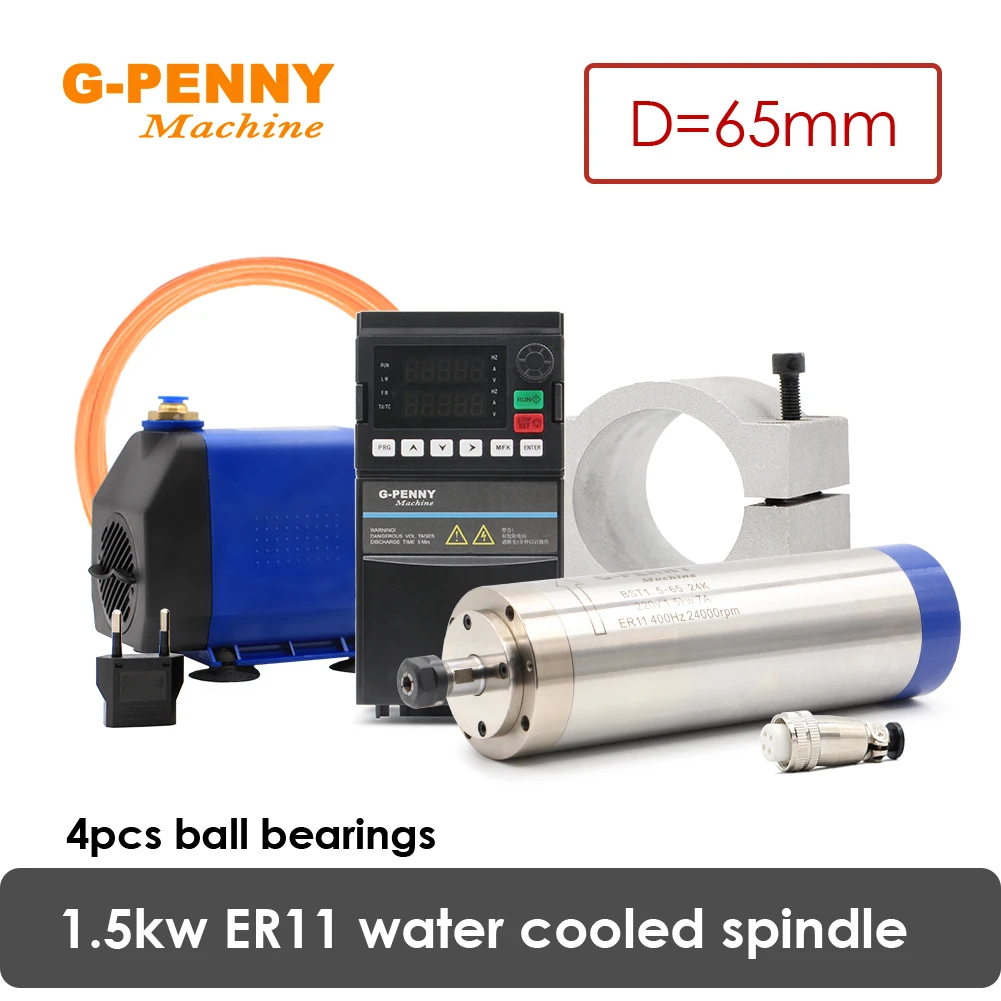 G-PENNY 1.5KW ER11 65mm Water Cooled Spindle Motor Kit 1.5KW YL42 Inverter 65mm Bracket 75W Water pump