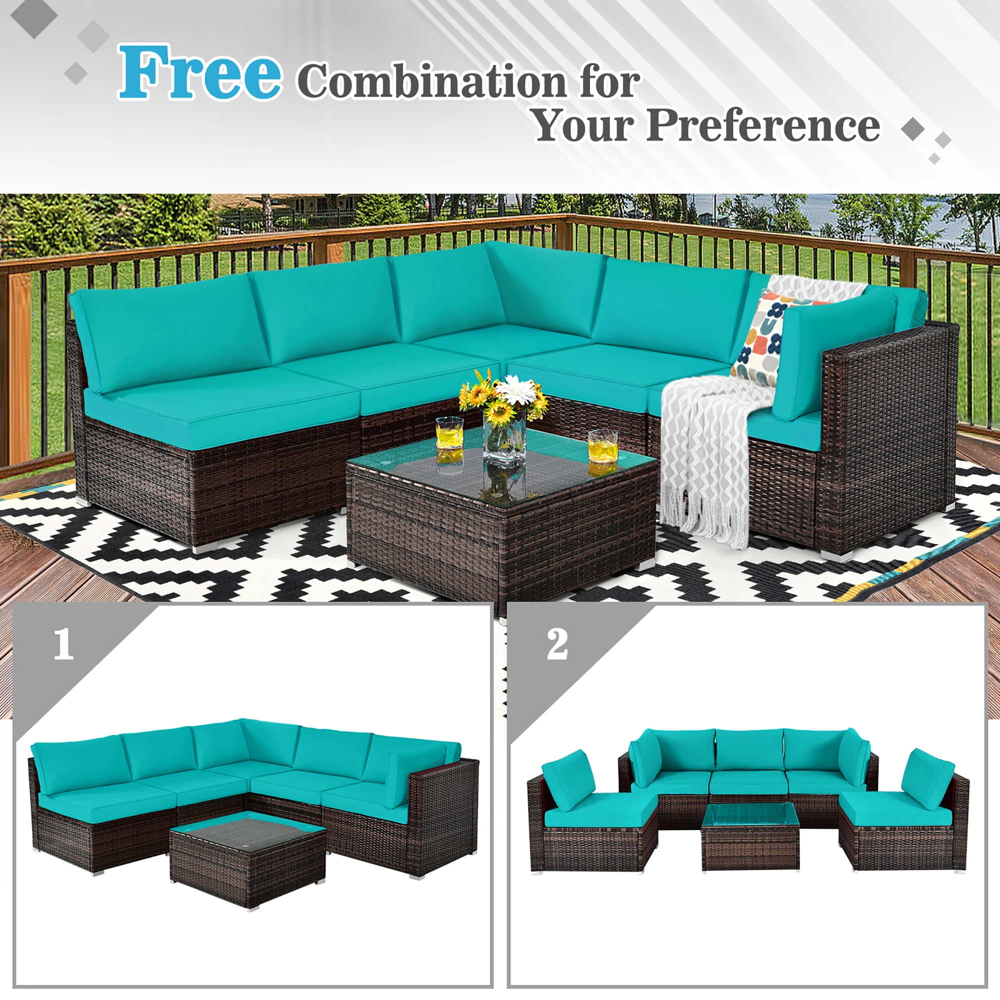 6PCS Patio Rattan Furniture Set Cushioned Sofa Coffee Table Turquoise