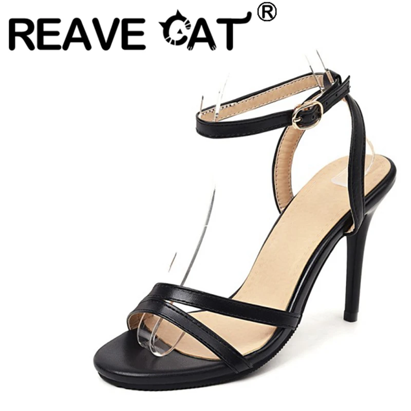 REAVE CAT 2021 Elegant Sandals Ankle Buckle Strap Narrow Open Toe 9.5cm Stiletto Heel Shoes US19 Black White A4245