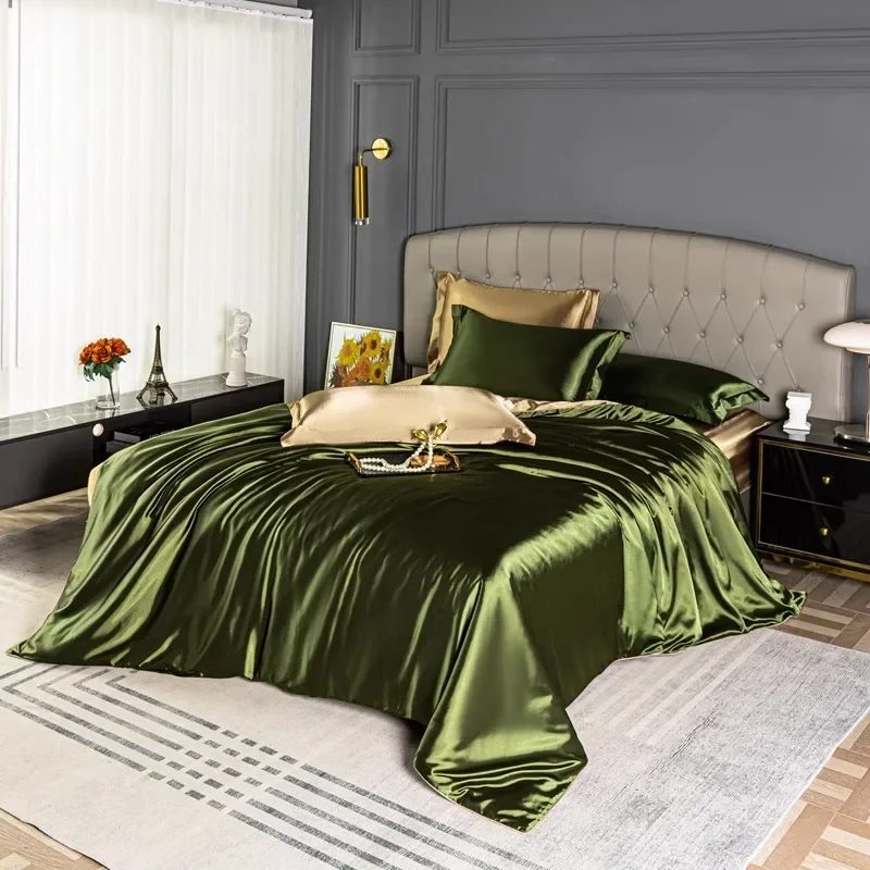 Natural Mulberry Silk Bedding Set Cover Fitted/Flat Bed Sheet Pillowcase Luxury Satin Bedsheet Solid Color King Queen Twin Size view 5