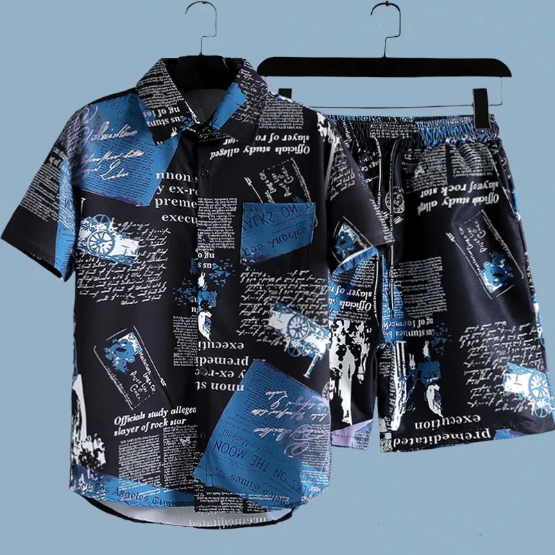Men's Newspaper Printed 2-piece Set Short Sleeve Button Collar Shirt Drawstring Shorts Summer Hawaiian Beach Casual Wear view 2