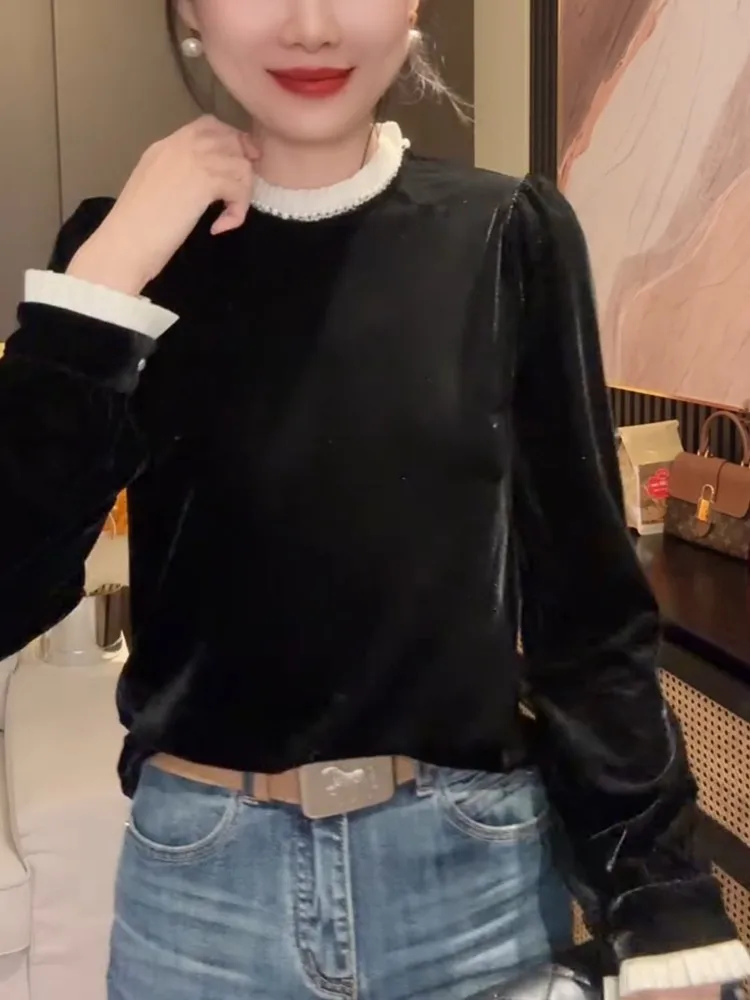 Spring New Women Black Long Sleeve T-shirt O-Neck Lace Pullover Tees Ruffles Collar Velvet Tops Coat Fashion Casual T-shirts