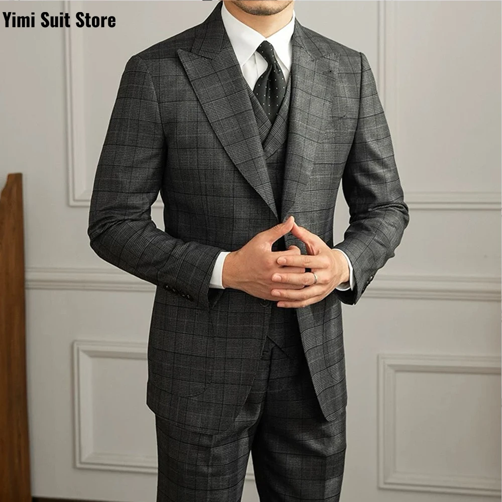 YiMinpwp Herrenanzug, 3-teiliges Set, kariert, klassische Anlasskleidung, formelle Hochzeit, Business-Anzug für Männer, Sets, Smoking, Jacke + Weste + Hose