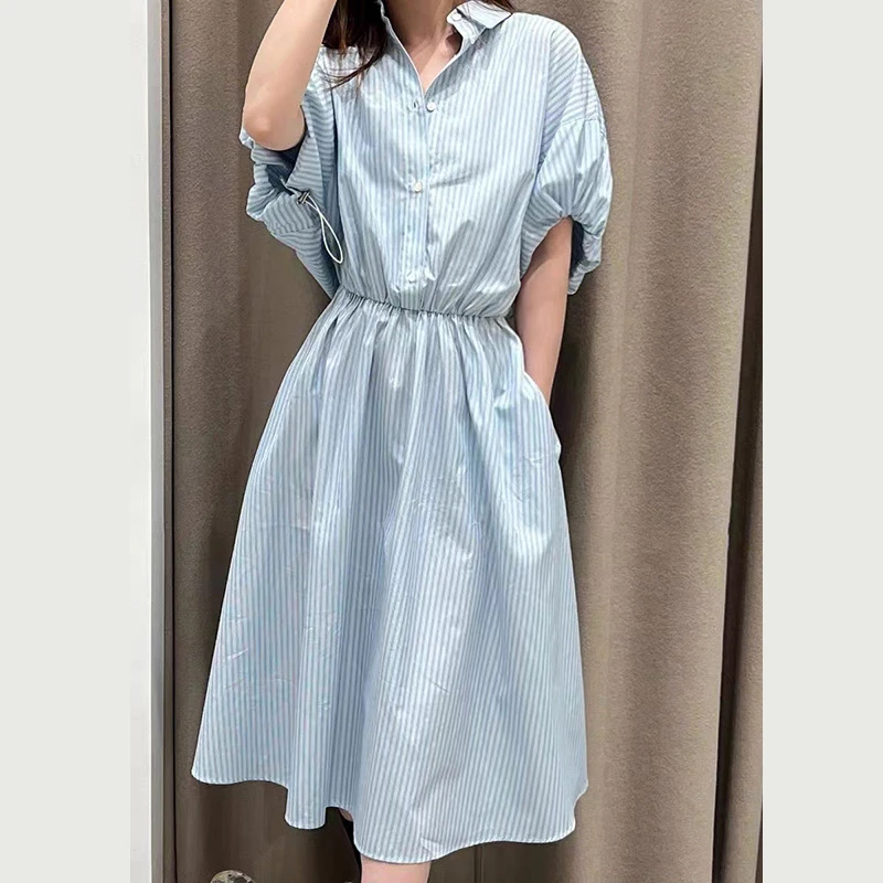 Women's Blue Striped Patchwork Dress Fashion Trend Design Puff Sleeve Single-Breasted Button Midi Robe