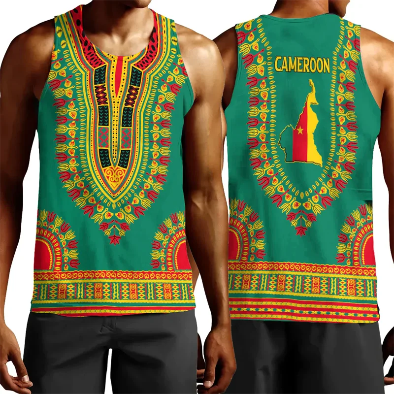 

Africa Cameroon Flag Map 3D Print Tank Top For Men Clothes National Emblem Lion Vest Dashiki Paisley Waistcoat Sport Jersey Tops