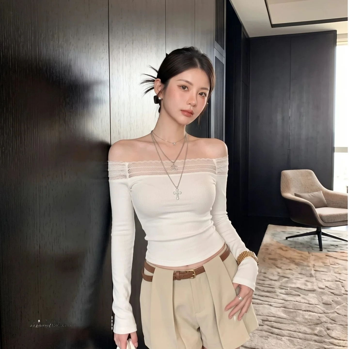 Long Sleeve Mesh Splice One Shoulder T-Shirt Women's Slimming Style Cotton Lace Girl's Fashion Inner Wear Base Top