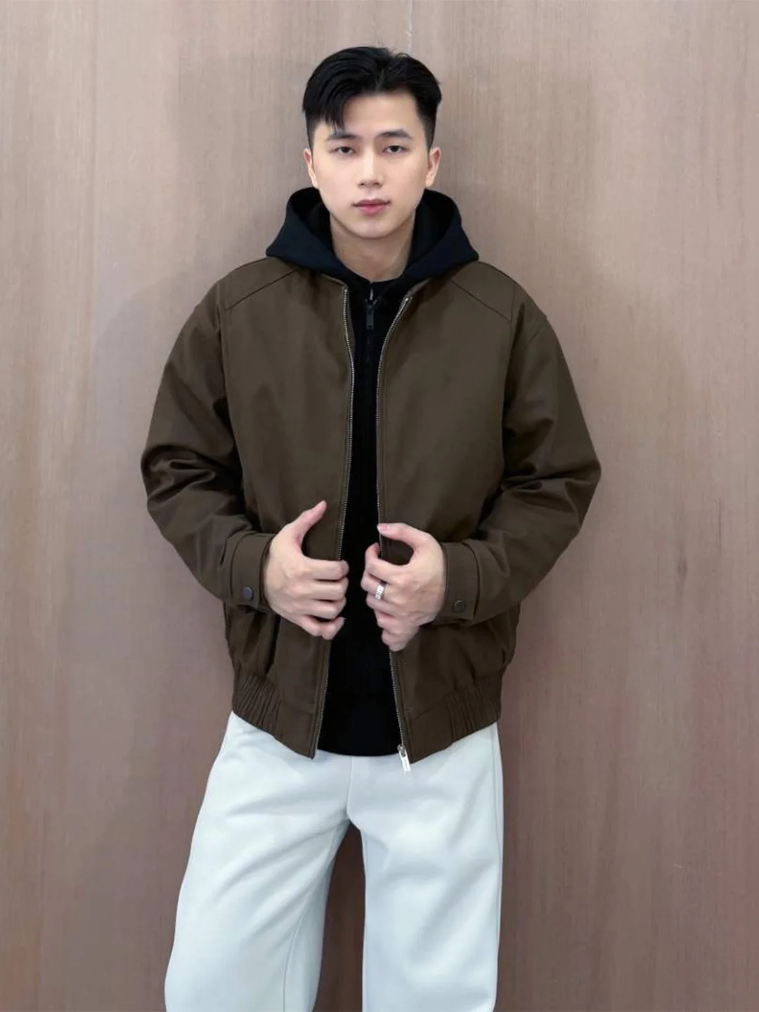 

Thiened Cotton Jaet Men's Winter Warm Hooded Patchwork Faionable Outerwear Youth Casual Cleanfit Zipper Closure Pure Color