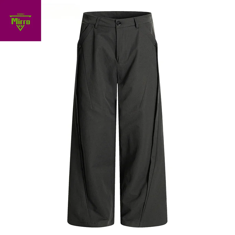 

【Mirrordust】Сплошной цвет плиссированные костюмные брюки мужские осенние ретро уличные свободные прямые широкие повседневные брюки мужские