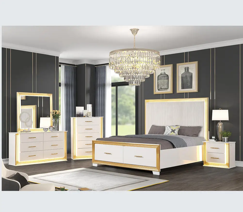！@Contemporary Style 5PC Queen Bedroom Set with Adjustable Convertible Bed Wood & Gold Finish