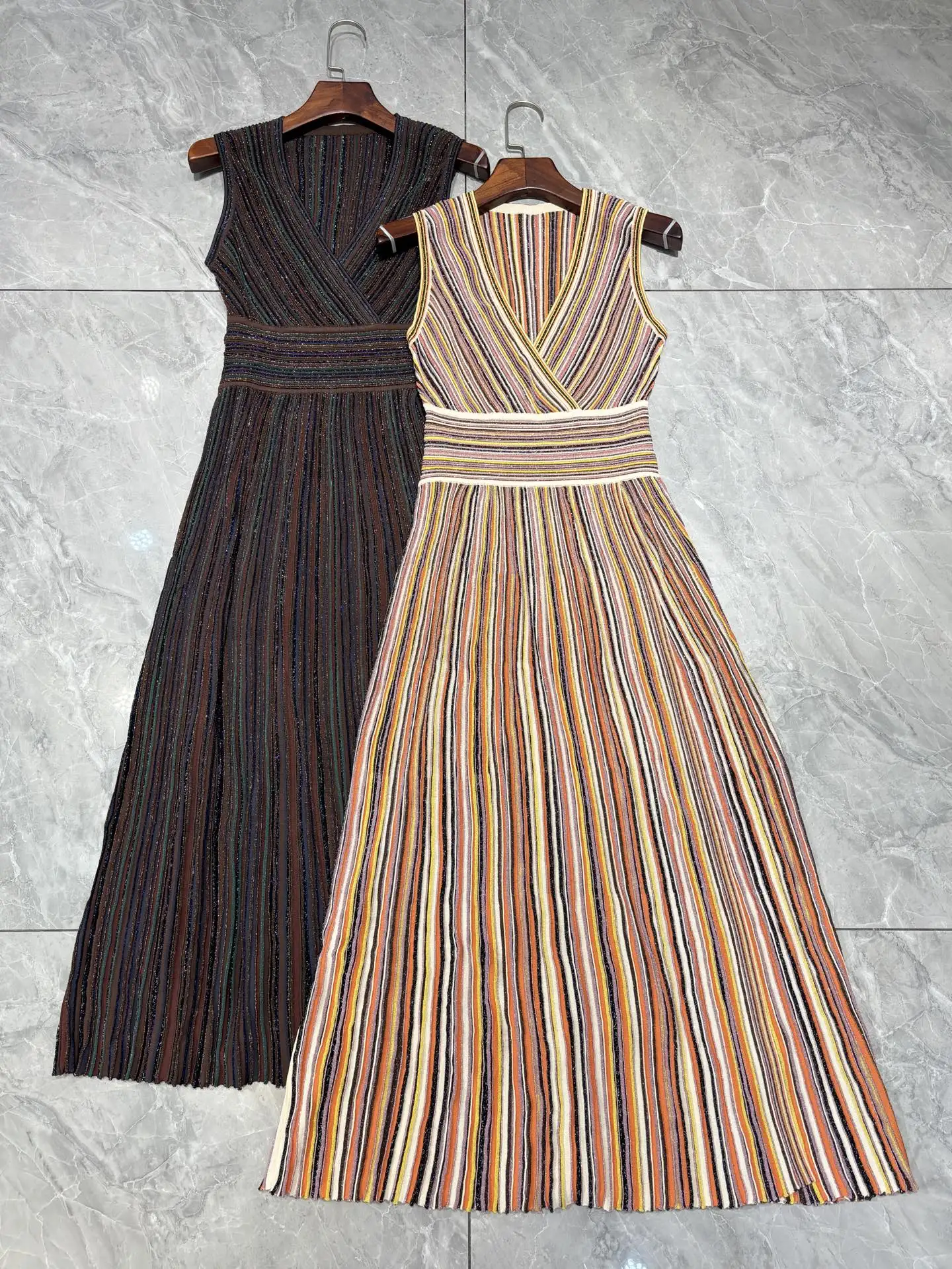 Two Color Optional Women's Sequins Knitted Dress V-neck Sleeveless High Waist Fashionable Long Dresses