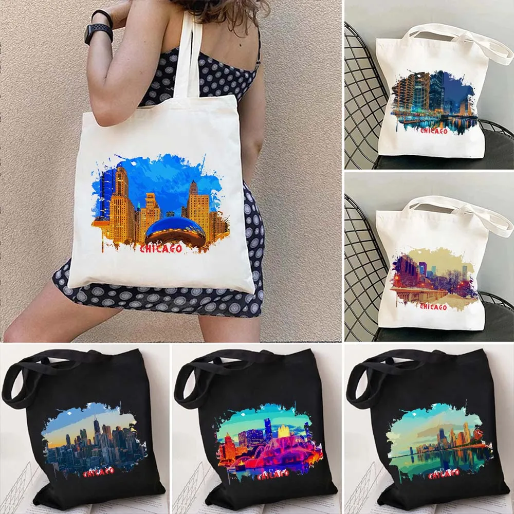 

Chicago United States City Sights Watercolor Ink Oil Painting Shoulder Canvas Cotton Tote Bag Reusable Harajuku Shopper Handbags