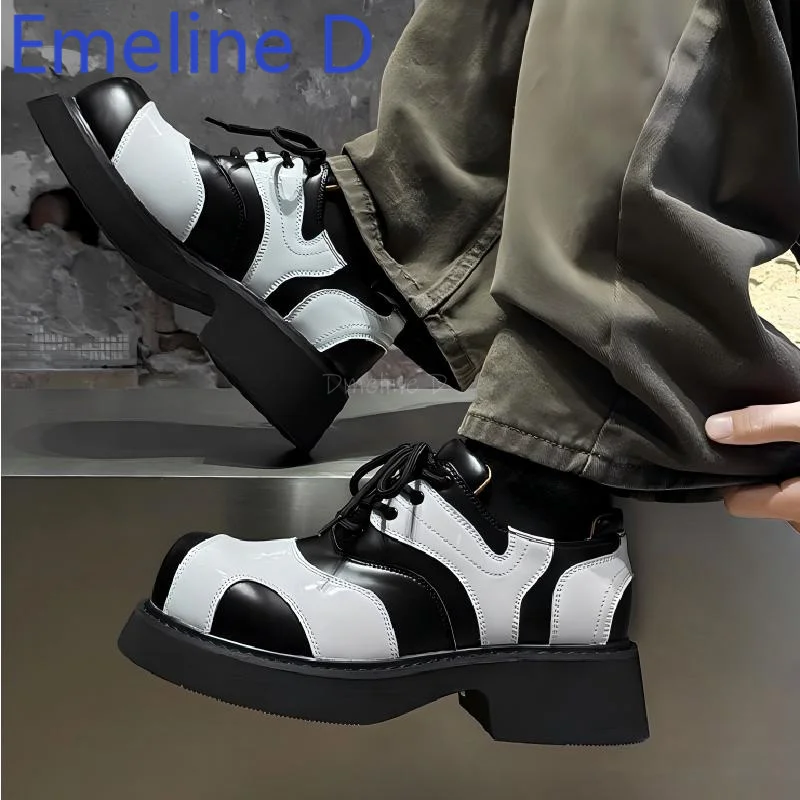 

Lace Up Thick Soled High Rise Shoes Trendy Leather Splicing Big Toe Derby Shoes Versatile Casual Color Blocked Leather Shoes