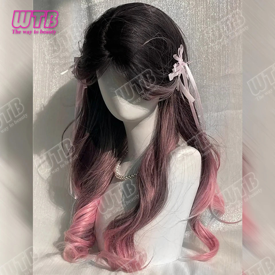 WTB Pink Highlighted Synthetic Wig Long Curly Wig with Lace Front and Bangs Suitable for Women's Holiday Events and Cosplay
