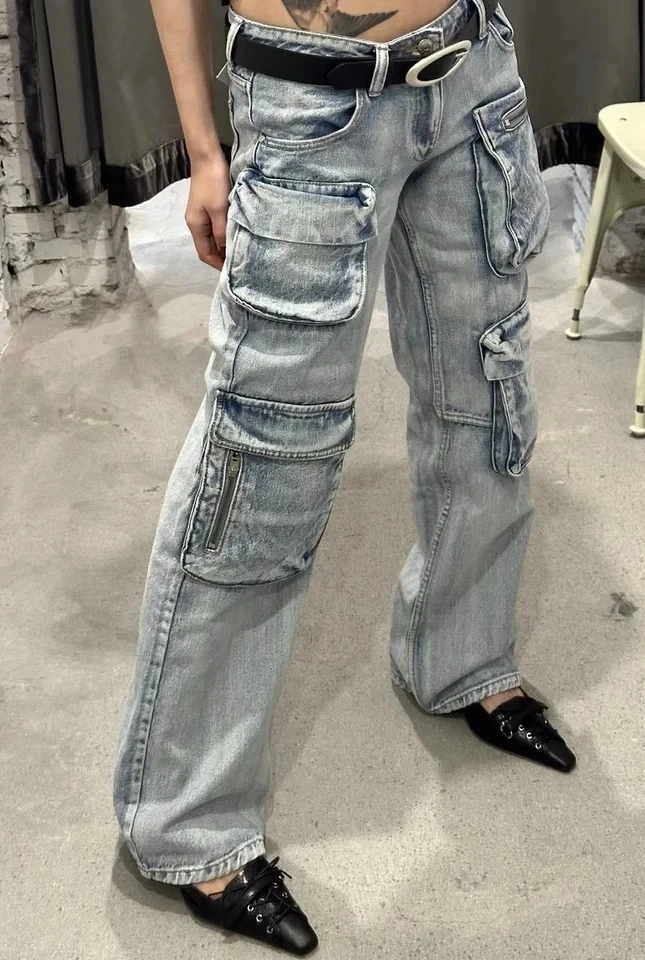 2024 Spring Summer New Women Chic Casual Pockets Denim Pants Female Chic Straight Jeans