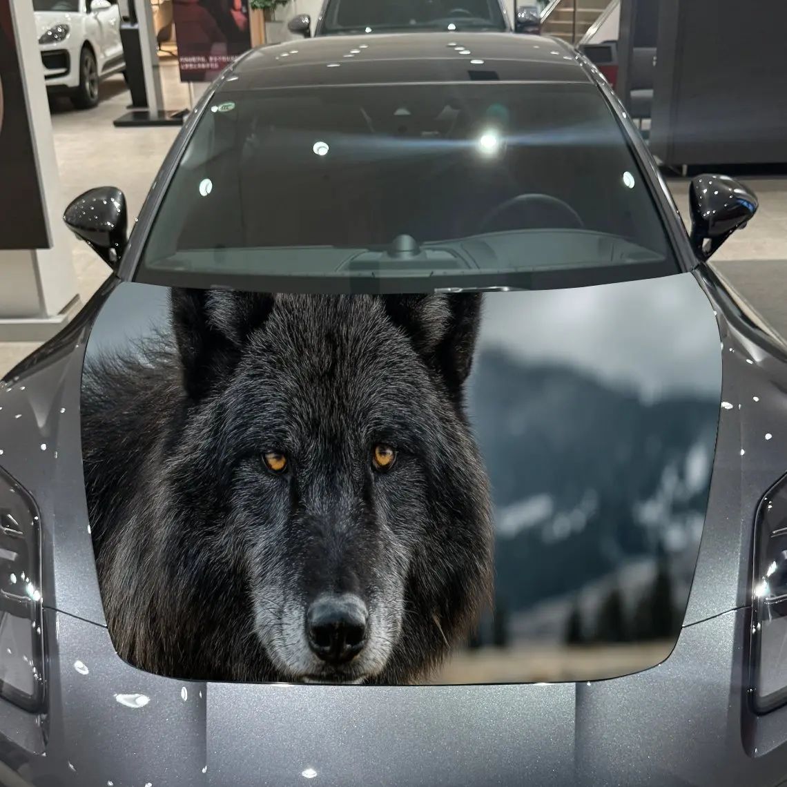 

Angry Black Wolf PVC Car Hood Wraps, Self-Adhesive Waterproof Car Bonnet Decal Sticker, Car Decoration Protection Stickers for T