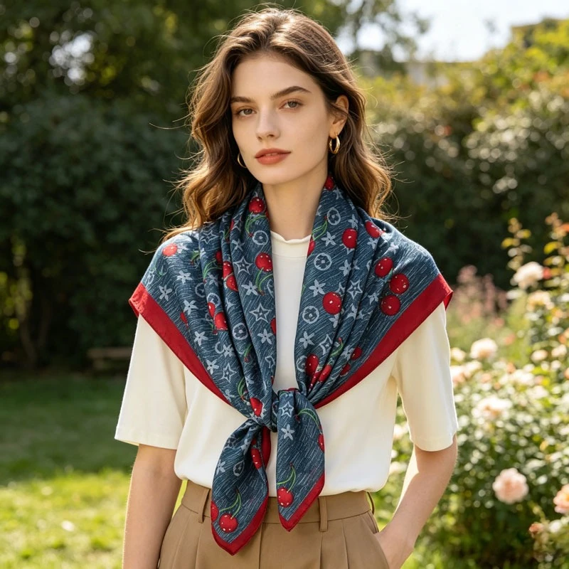 

2026 Fashion New Retro Cherry 90cm Double-sided Printed Square Scarf Women Silk Scarf Temperament Versatile Premium Neck Scarves