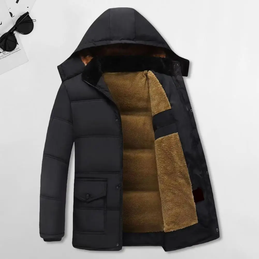 Jaqueta masculina com capuz com forro de pelúcia, design à prova de vento, manga comprida, fechamento de zíper, clima frio, bolsos