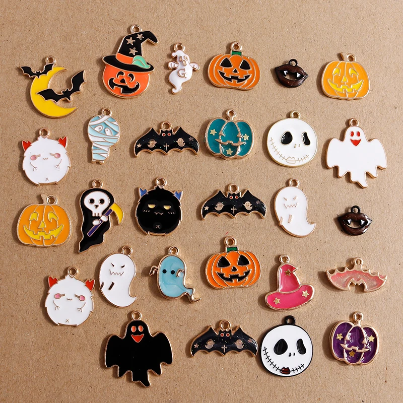 10pcs Cute Halloween Charms for Jewelry Making Enamel Bat Ghost Pumpkin Pendants for DIY Necklace Earrings Gift Accessories