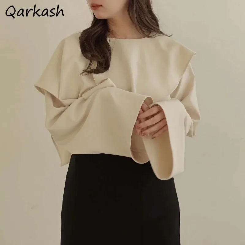 

Женская футболка с круглым вырезом и длинными рукавами с оборками, свободная, в корейском стиле, нестандартный дизайн, для отдыха, модная, универсальная, однотонная, офисная, женская, нежная