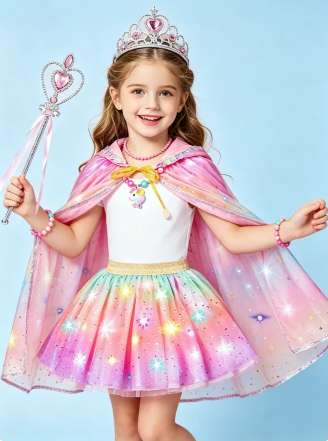 Children Rainbow Sparkly Princess Style Hooded Tulle Dress With Accessories For Kid Halloween Birthday Theme Dress up Party Wear