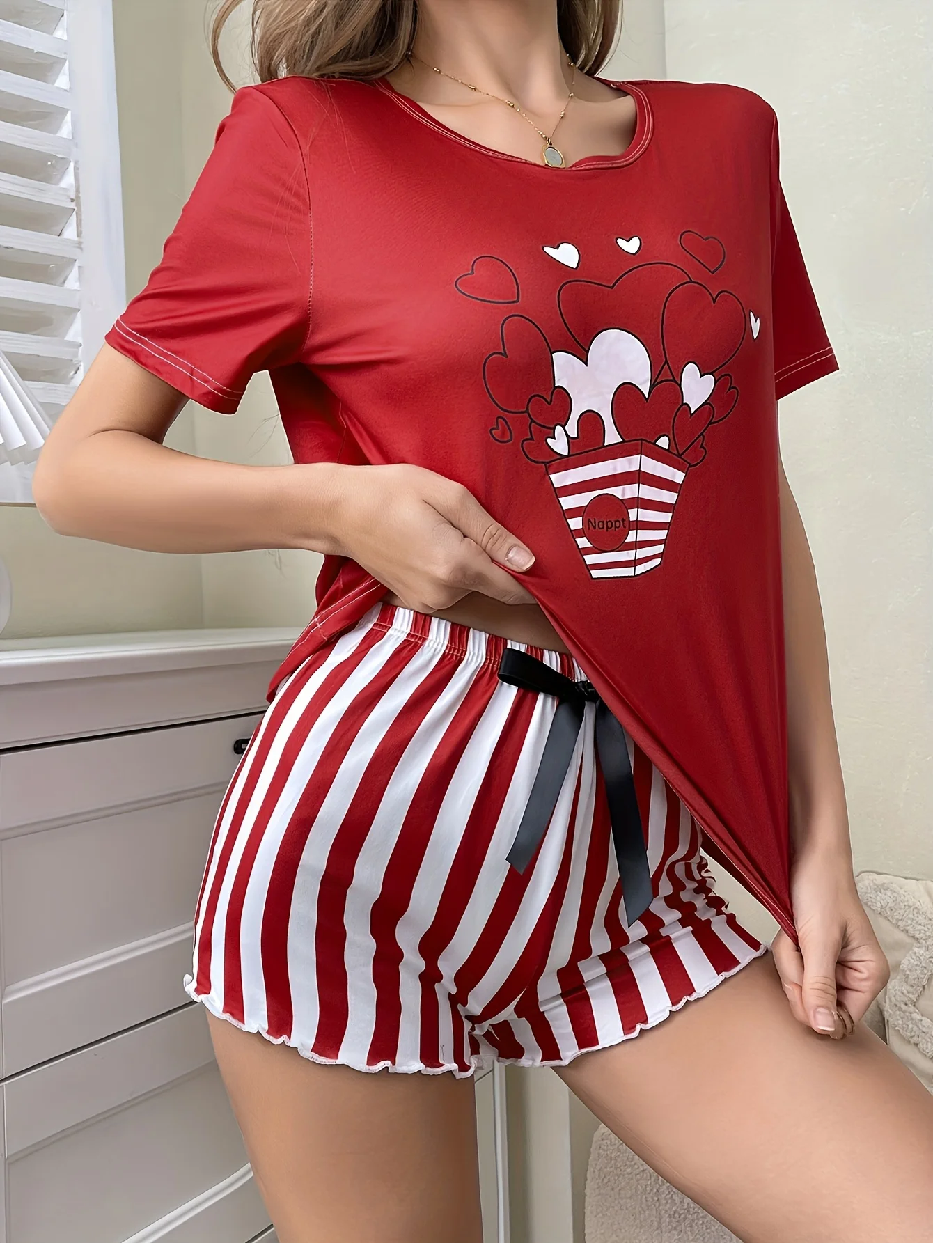 Women\'s new style love print short sleeve striped shorts casual pajamas set