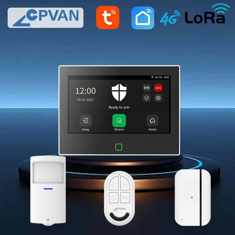 cpvan tuya smart home alarm system kit de alarme de seguranca domestica bateria integrada 5000mah sem fio wifi 4g versao loro 7 01