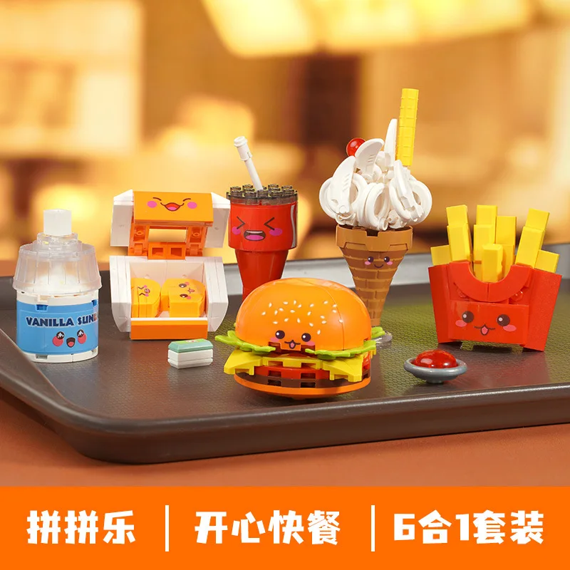 6PCS/Set Happy Fast Food Set Building Blocks Mini Bricks Hamburger Fries Chicken Nuggets Models Kids Kitchen Toys Christmas Gift