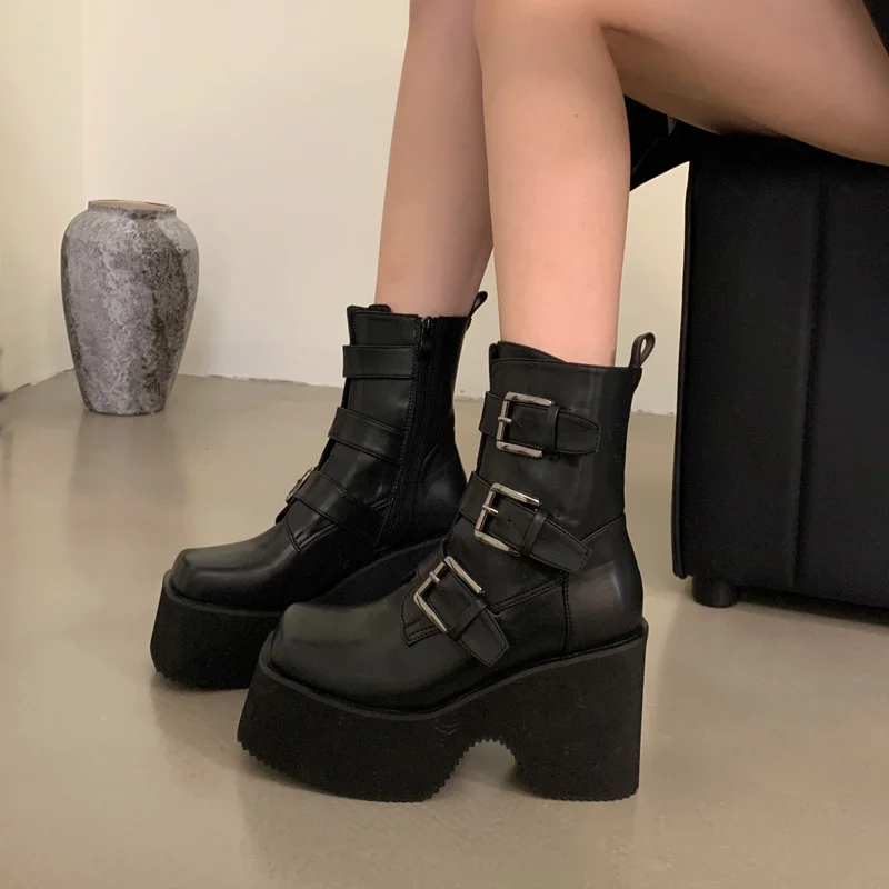 Black Platform Boots Women Chunky Shoes High Heels Autumn Ankle Boots Ladies Motorcycle Shoes Punk Round Toe Bottine Femme