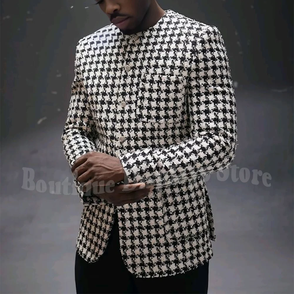 

Exquisite Houndstooth Men's Sut Jacket Black Pants Slim Fit Two Pieces Classic O-Neck Single Breasted Party Prom Male Set