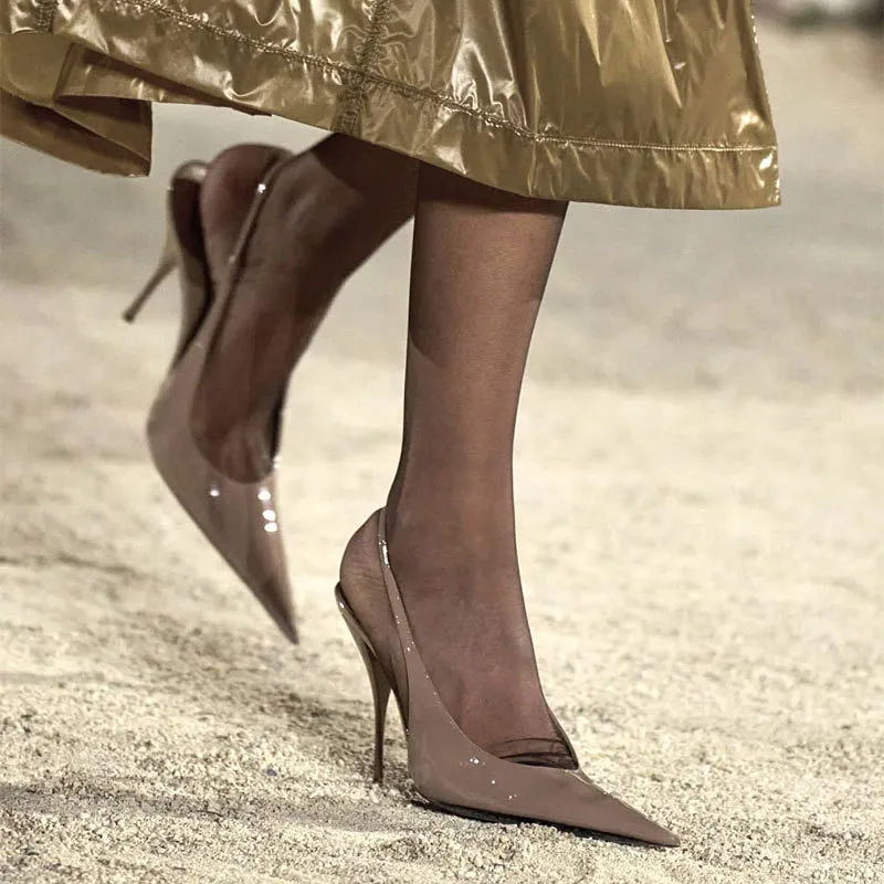Elegant Nude Gloss Patent Leather Slingback Pumps Women Sharp Pointed Toe Thin Stiletto Heel Wedding Evening Party Formal Heels
