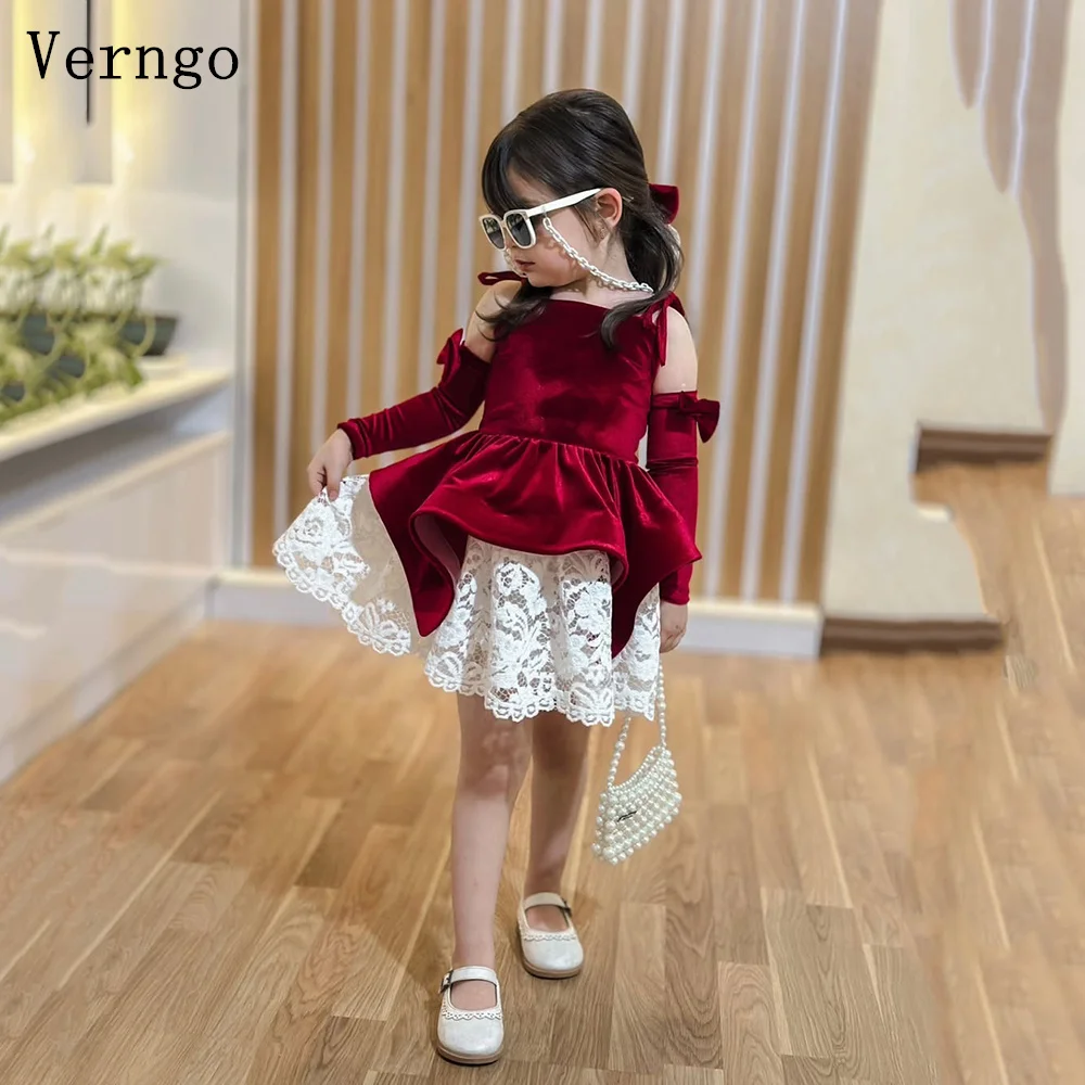 

Verngo Burgundy Velvet Girl Flowers Dress O Neck Lace A Line Birthday Party Dress Elegant Kid Celebrity Gown Customized
