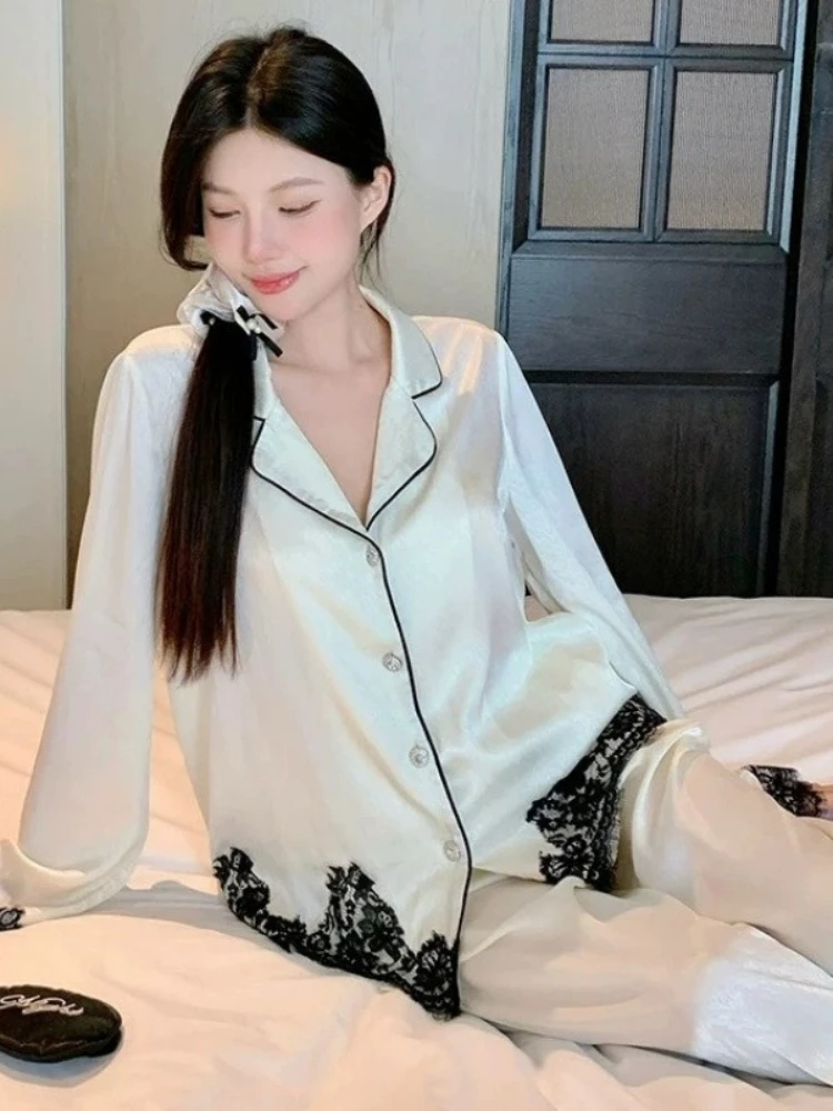 

Lace Patchwork Nightgown Women Loose Color Blocked Deep V-Neck Long-Sleeve Pajamas Sexy Fashion Ladies Home Clothing Sleepwear