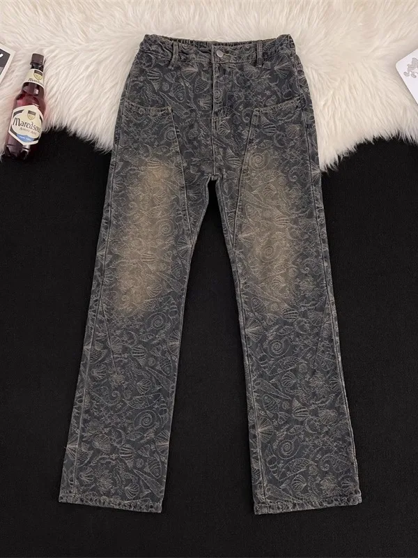 

American Flannel Jeans Men's Trendy Vintage Loose Straight Leg Micro Flared Pants High Street Vibe Printed Wide Leg Long Pants