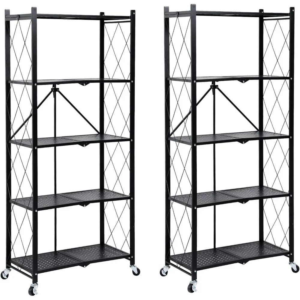 

5-layer heavy-duty foldable metal storage rack with wheels, easy to move storage rack is perfect for kitchens,