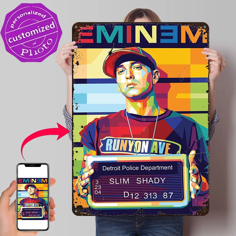 Eminem Slim Shady Mugshot Pop Art 3D Printed Texture Poster Personalized Wall Art Retro Metal Tin Signs for Room Decorations