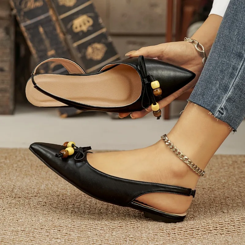 

2026 Summer Beaded Butterfly Knot Women's Sandals Low Heels High Quality Mules Cozy Pointed Toe Open Heels Slides Women Sandals