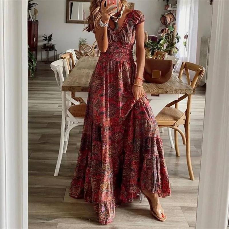 

Bohemian Vacation Women Summer Dress New Short-sleeved V-neck Elastic High Waist Large Hem A-line Maxi Dresses Beach Vacation