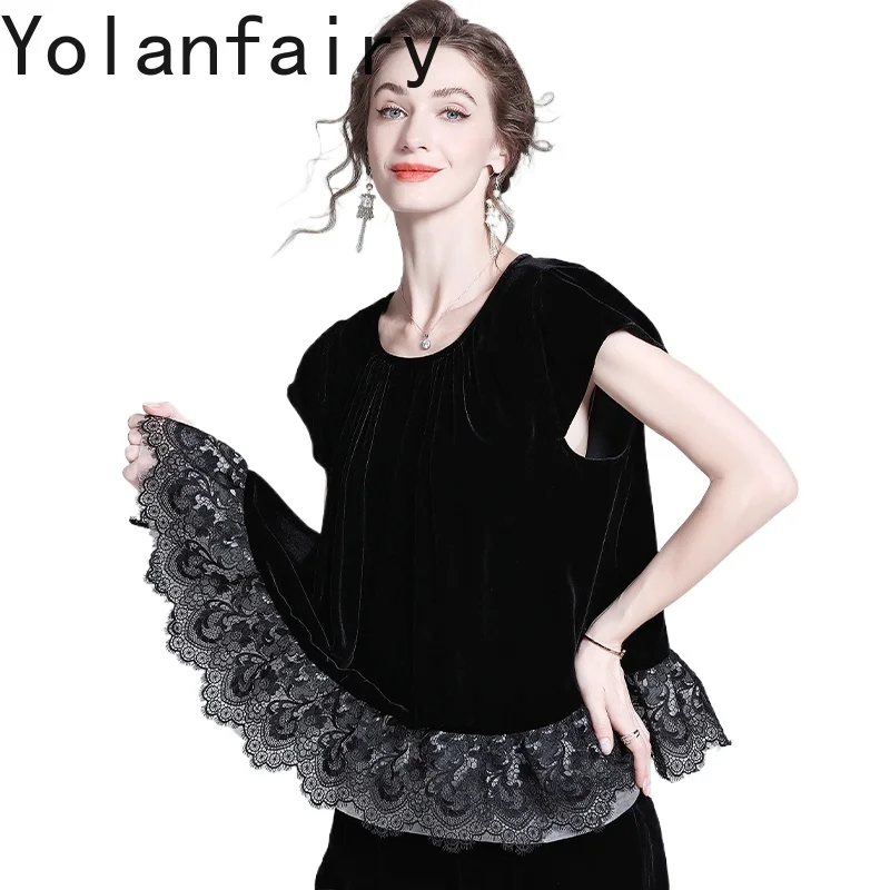 YOLANFAIRY Genuine Mulberry Silk Velvet T Shirts for Woman Early Autumn Elegant Splicing Lace Tshirt High-end Women's Tops Tees