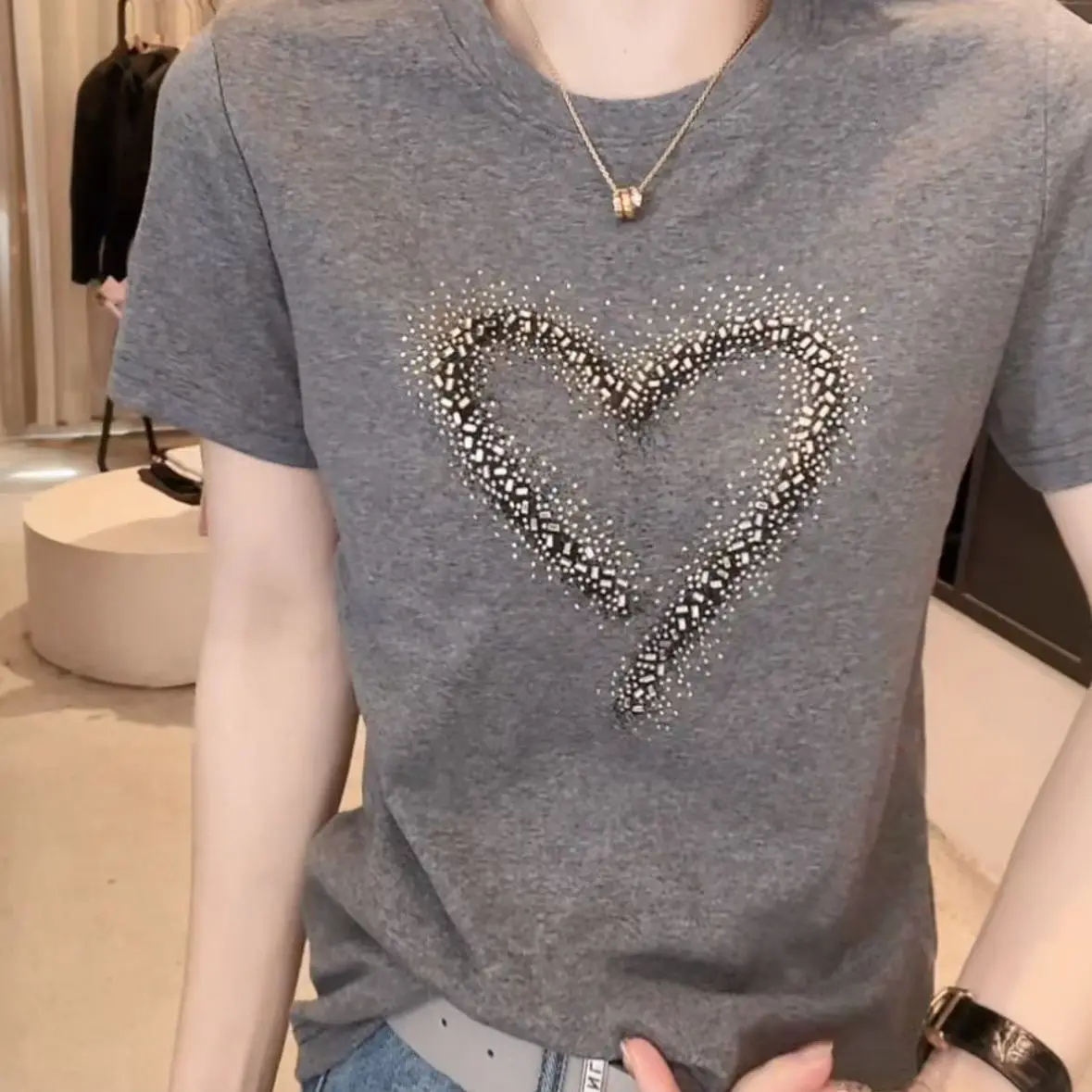 Pure Cotton Round Neck Short-sleeved Summer New Style Ironing Diamond Fashion Love Loose T-shirt Slimming Versatile Top